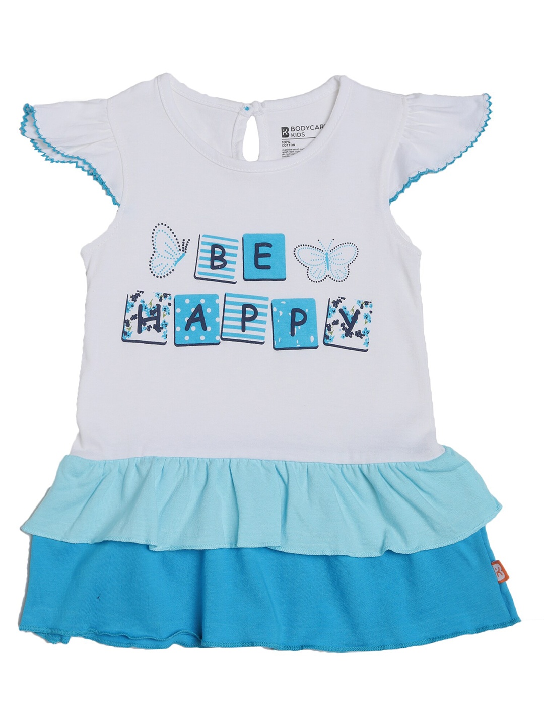 

Bodycare Girls White & Blue Printed Cotton Fit And Flare Dress
