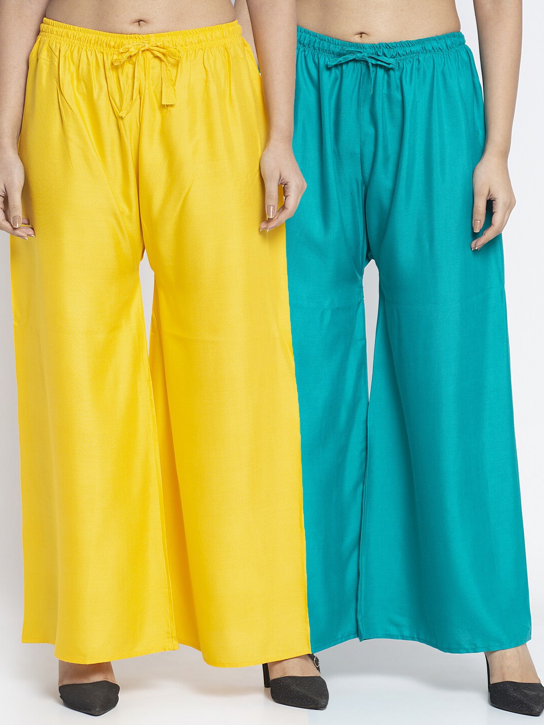 

GRACIT Women Yellow & Sea Green 2 Flared Knitted Ethnic Palazzos