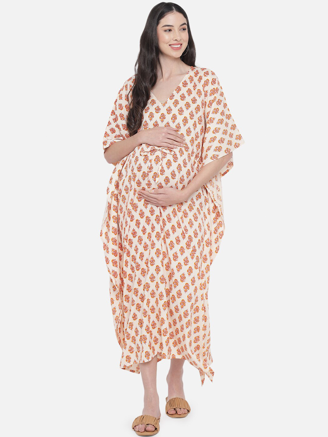 

Aujjessa Cream-Coloured & Multicoloured Ethnic Motifs Maternity Kaftan Maxi Dress