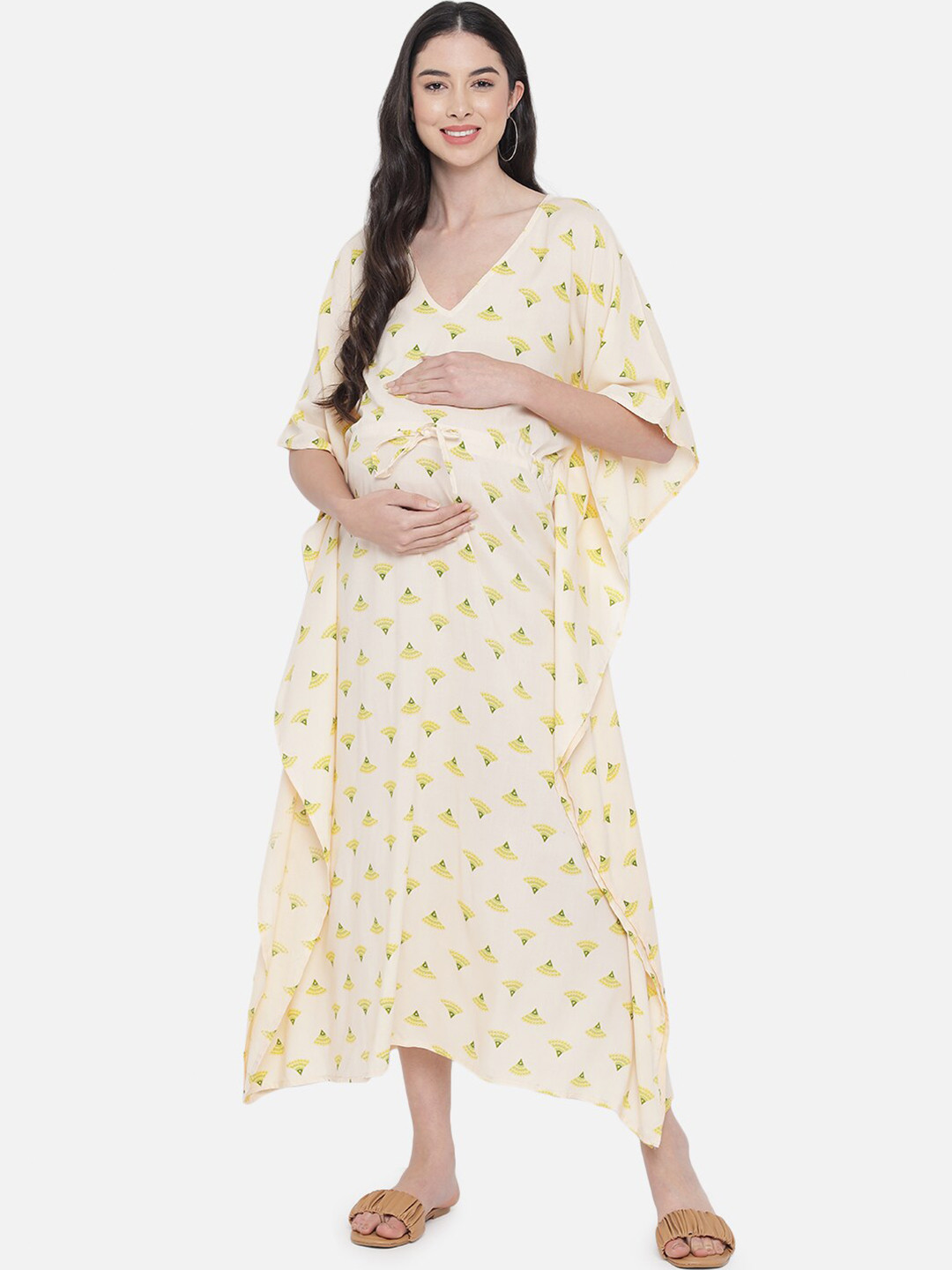 

Aujjessa Cream-Coloured Floral Maternity Kaftan Midi Dress