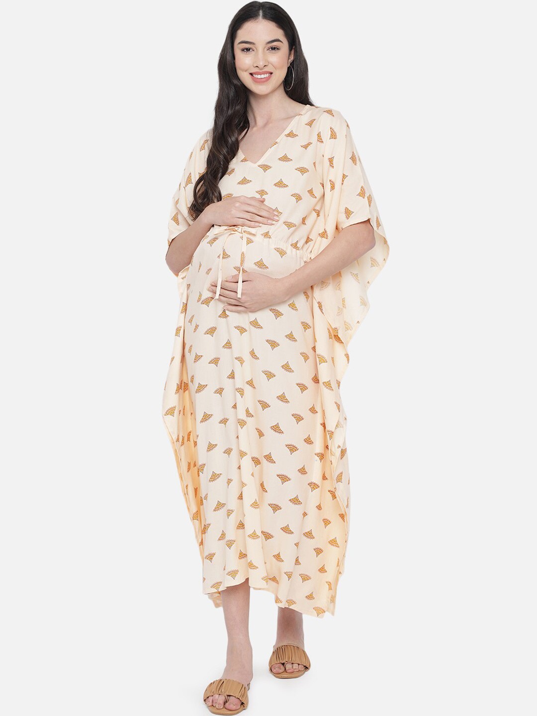 

Aujjessa Beige Ethnic Motifs Maternity Kaftan Midi Dress