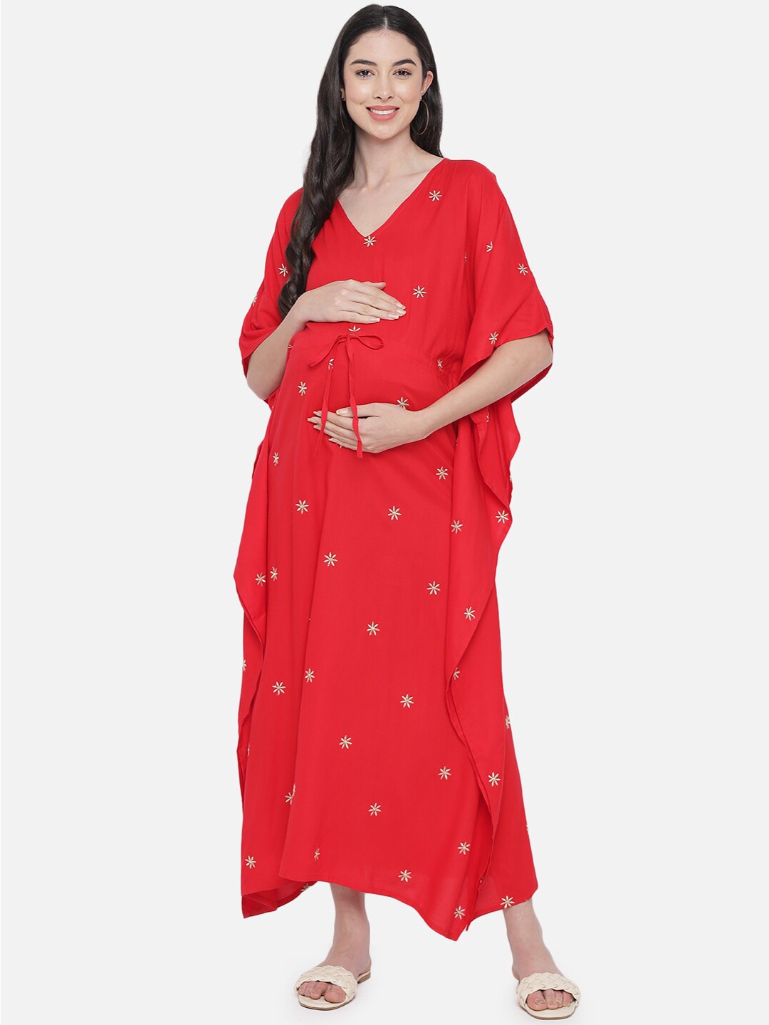 

Aujjessa Red & Gold-Toned Embroidered Maternity Kaftan Maxi Dress
