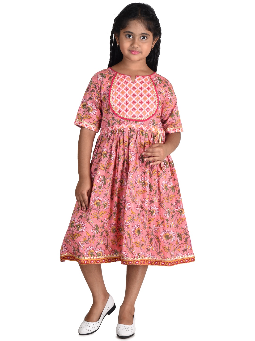 

Kinder Kids Peach-Coloured Floral Ethnic Cotton Dress