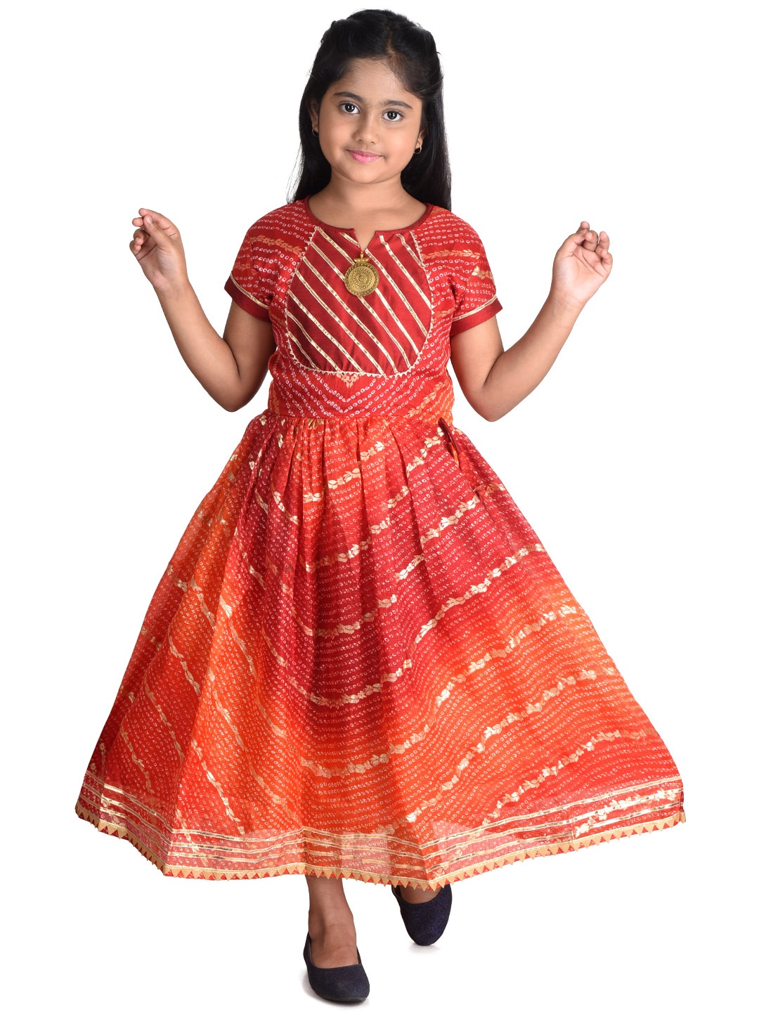 

Kinder Kids Girls Red & Orange Foil Bandhani Printed Cotton Dress