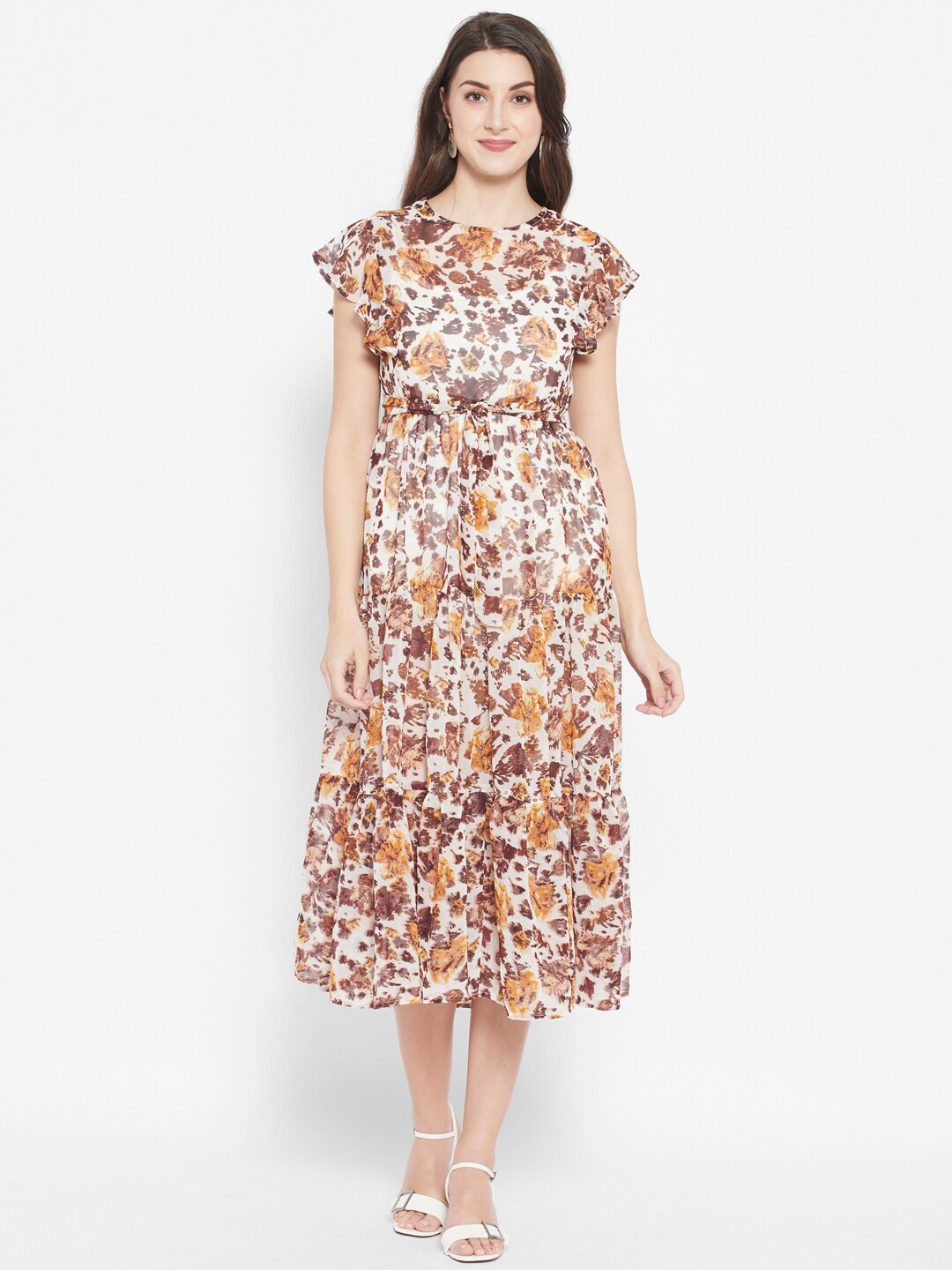 

HOUSE OF KKARMA Off White Floral Georgette Midi Dress