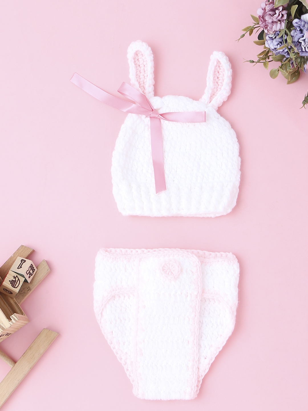 

Babymoon Infants White & Pink Rabbit Crochet Hat & Shorts Photography Outfit