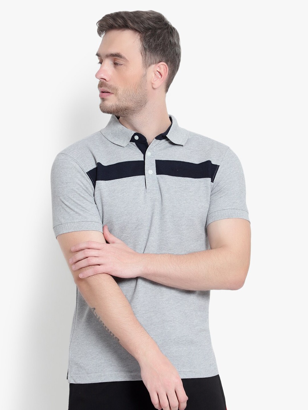 

Reich Color Men Grey Colourblocked Polo Collar Running T-shirt