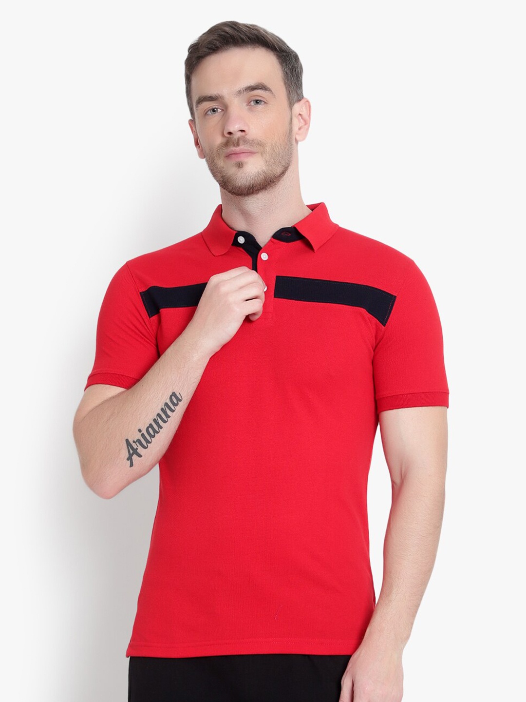 

Reich Color Men Red Colourblocked Polo Collar Cotton Running T-shirt