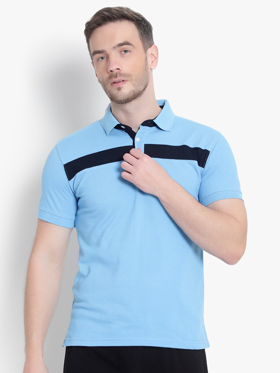 

Reich Color Men Blue & Navy Blue Striped Cotton Polo Collar T-shirt