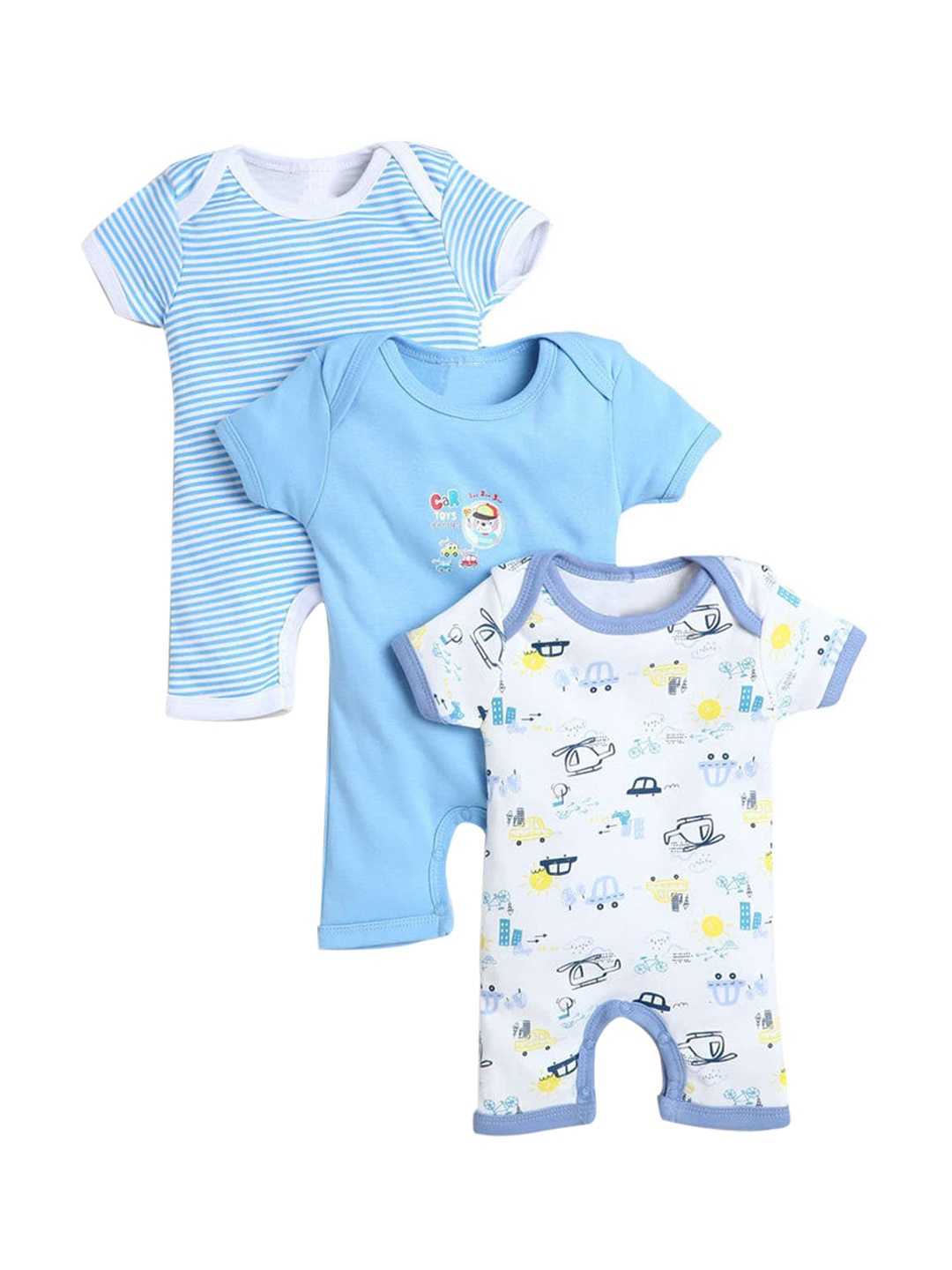 

Hopscotch Infant Boys Pack Of 3 Printed Pure Cotton Rompers, Blue