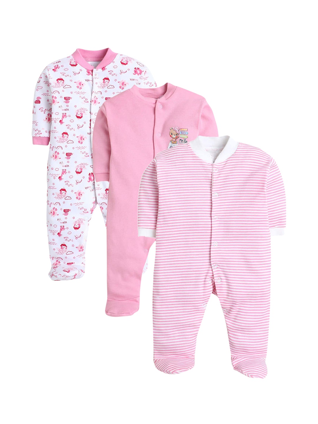 

Hopscotch Infant Girls Pack Of 3 Pink & White Printed Cotton Sleepsuit