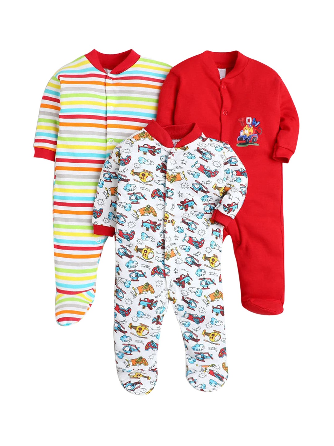 Hopscotch Boys Red & White Pack Of 3 Printed Pure Cotton Bodysuits