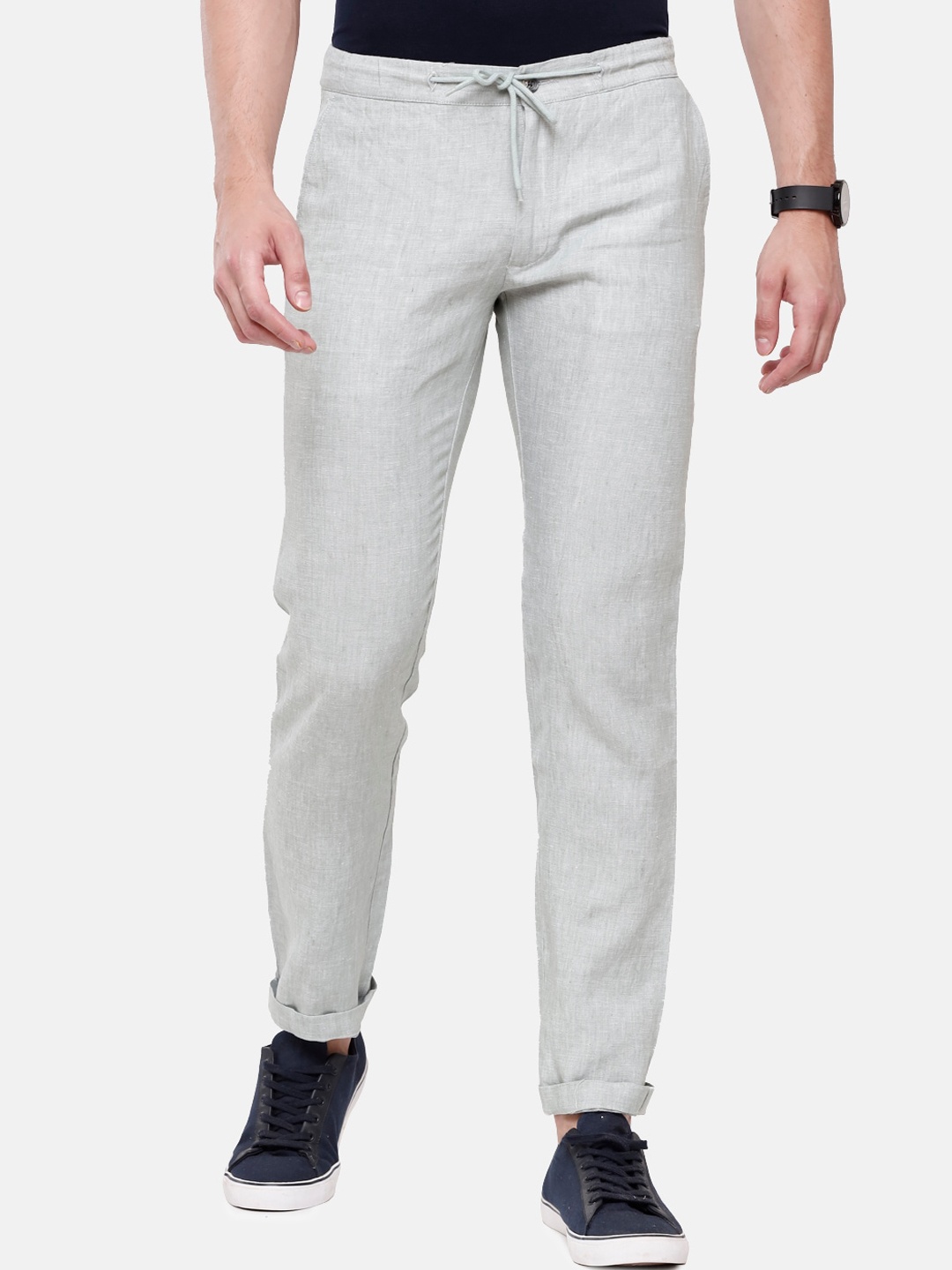 

Linen Club Men Grey Slim Fit Pure Linen Trousers
