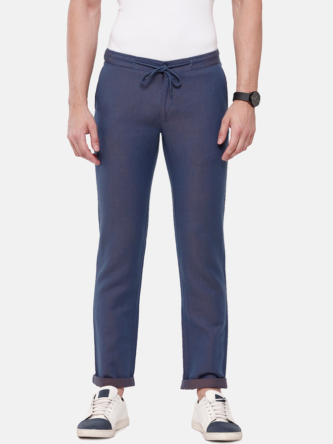 

Linen Club Men Blue Slim Fit Pure Linen Trousers