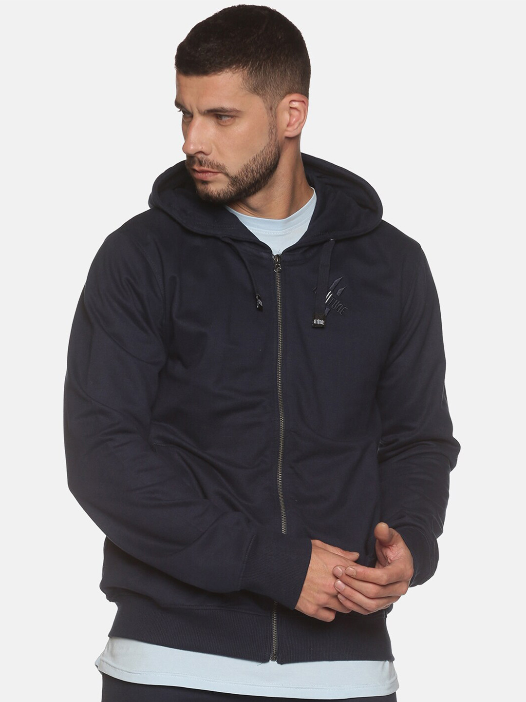 

ATTIITUDE Men Navy Blue Hooded Pure Cotton Sweatshirt
