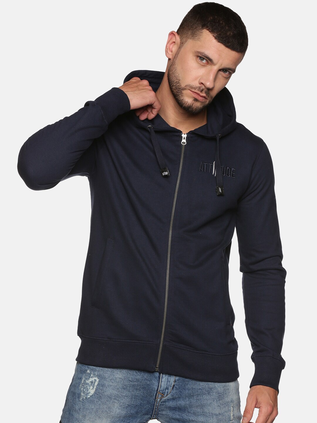 

ATTIITUDE Men Navy Blue Hooded Pure Cotton Sweatshirt