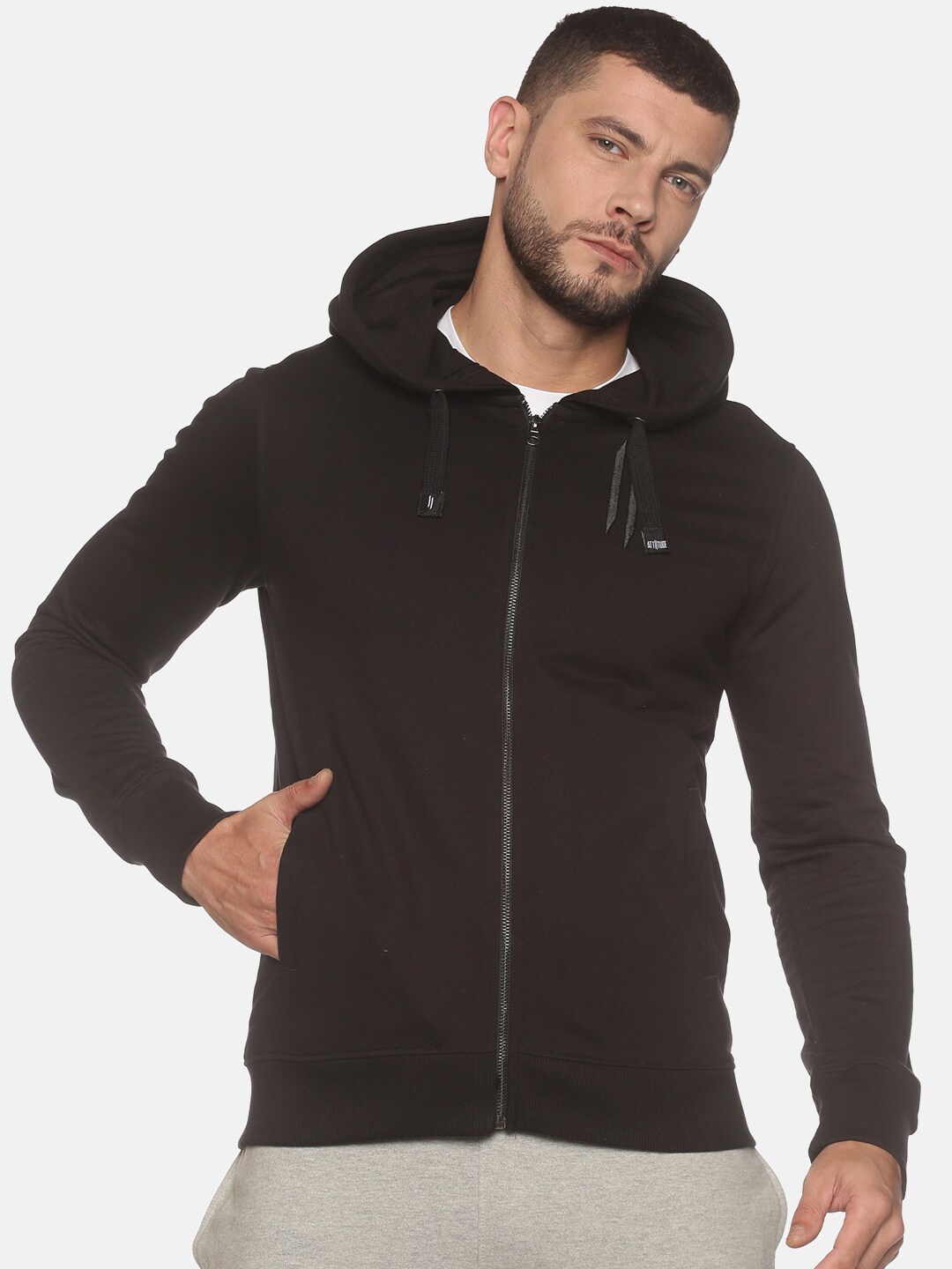 

ATTIITUDE Men Black Hooded Cotton Sweatshirt