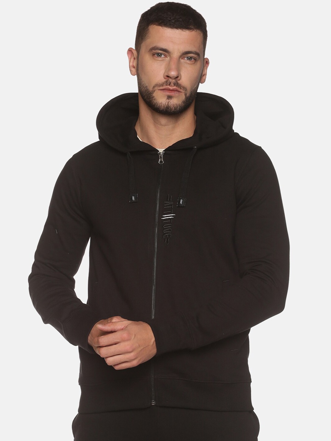 

ATTIITUDE Men Black Hooded Pure Cotton Sweatshirt