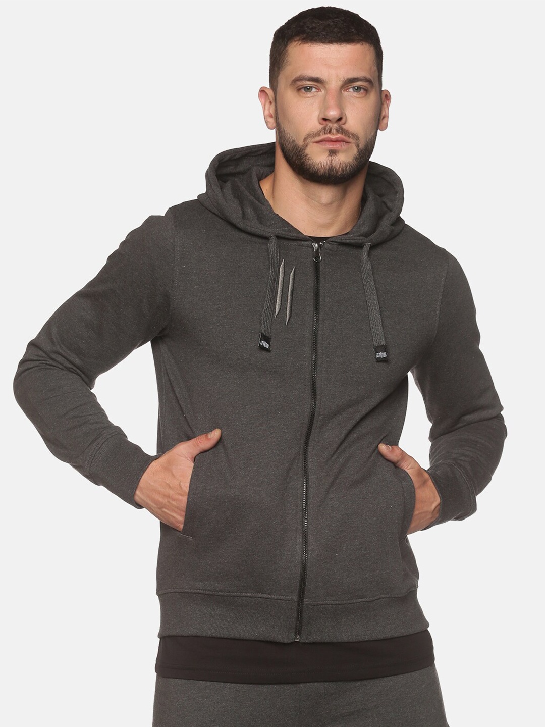 

ATTIITUDE Men Charcoal Grey Hooded Cotton Sweatshirt