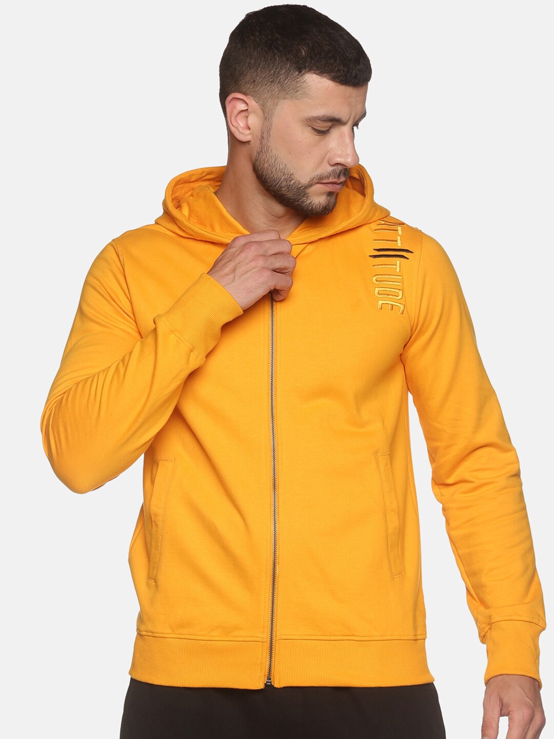 

ATTIITUDE Men Yellow Hooded Pure Cotton Sweatshirt