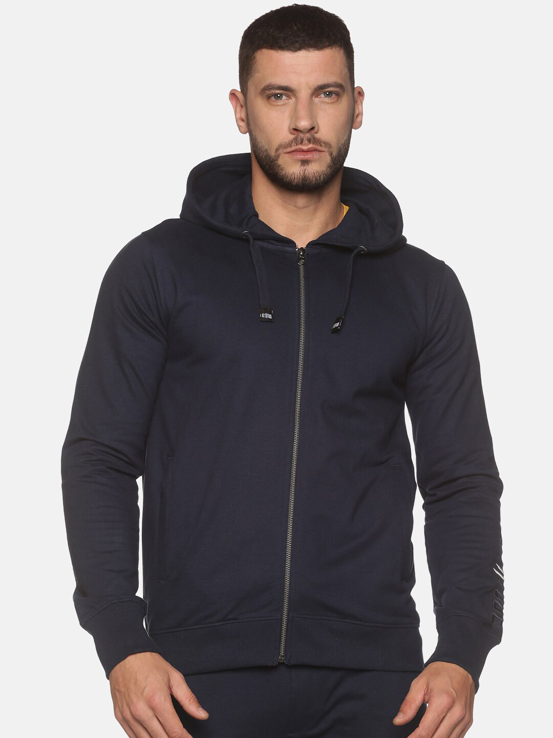 

ATTIITUDE Men Navy Blue Hooded Pure Cotton Sweatshirt