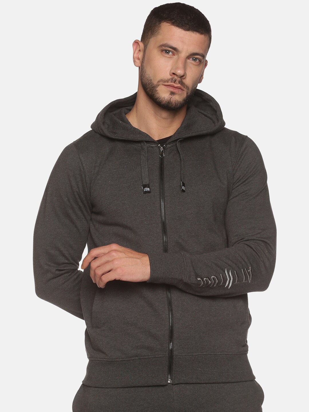 

ATTIITUDE Men Charcoal Grey Hooded Cotton Sweatshirt