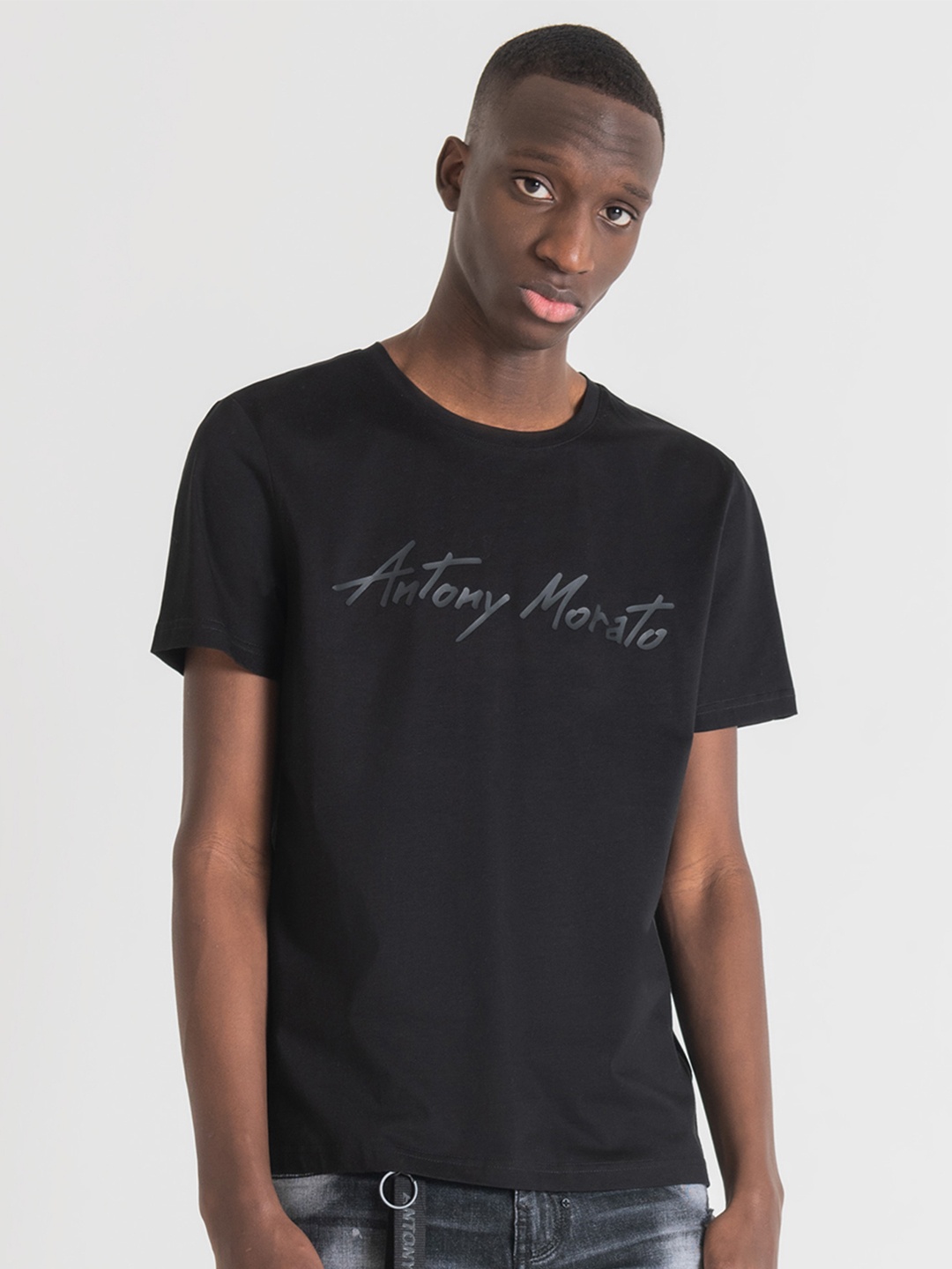 

Antony Morato Men Black Brand Logo Pure Cotton T-shirt