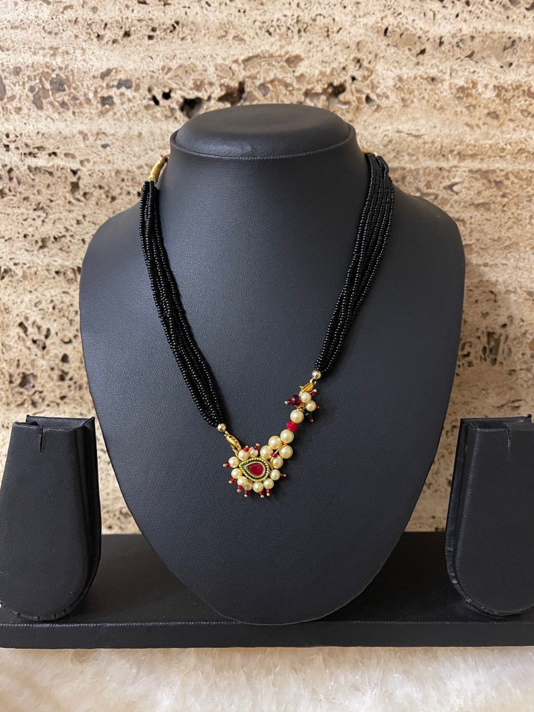 

Digital Dress Room Gold-Plated Red & White Stone Studded Beaded Mangalsutra