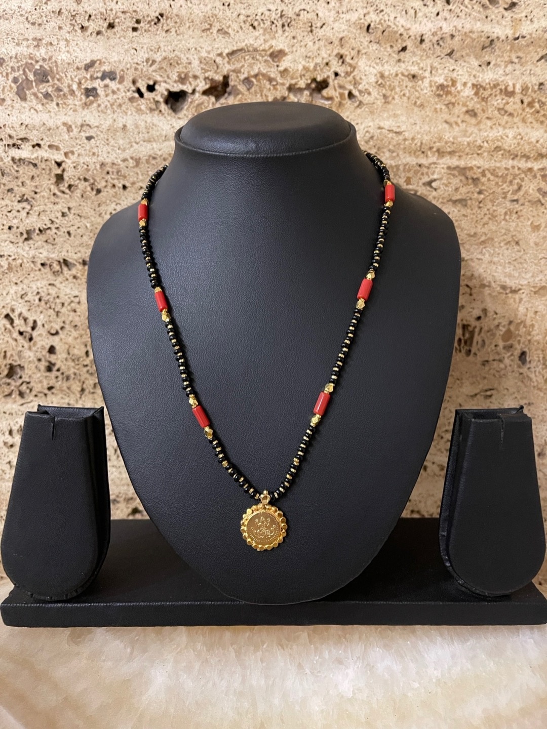 

Digital Dress Room Gold-Plated Black & Red Beaded Lakshmi Mangalsutra