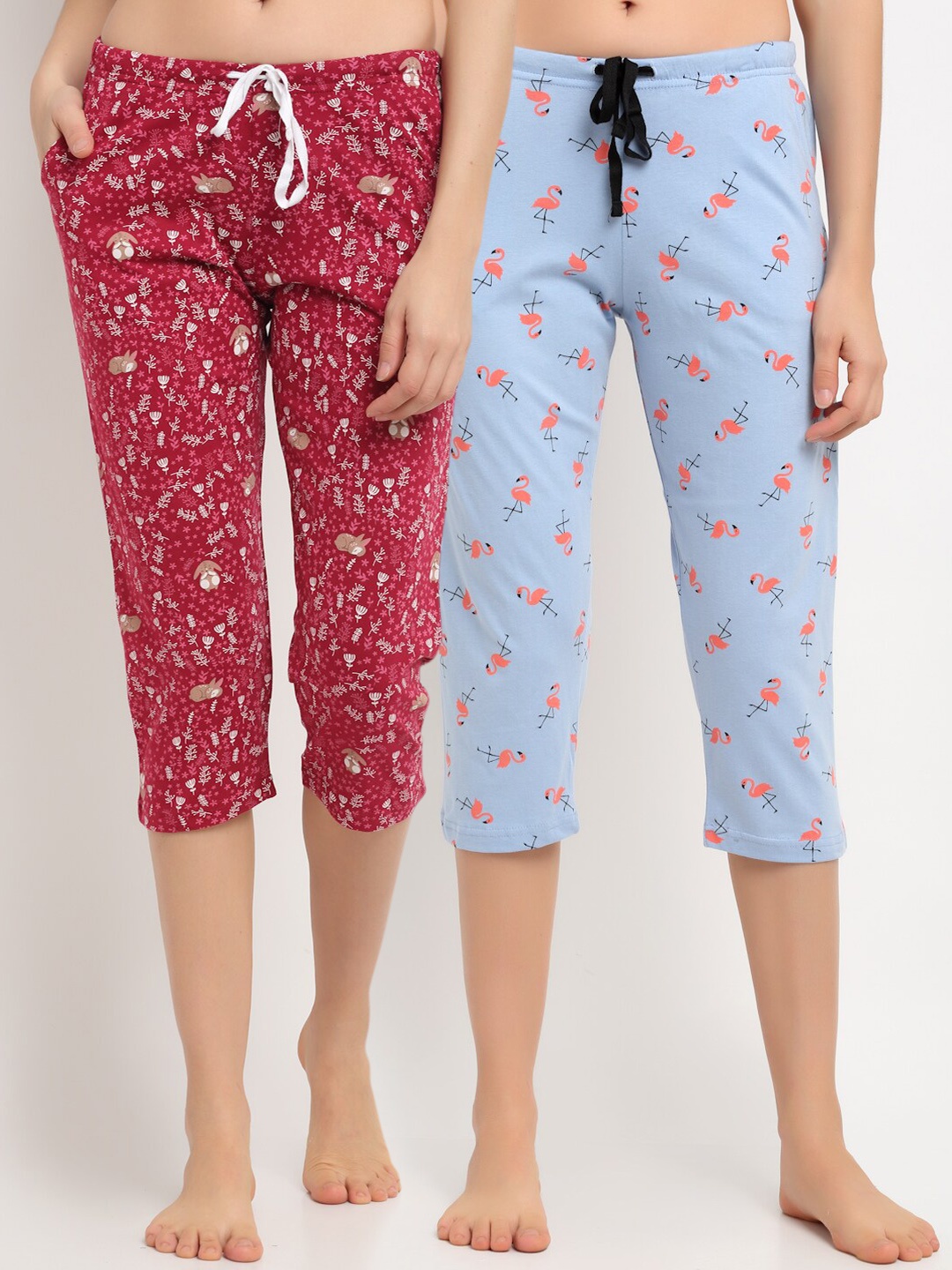 

Kanvin Women Pack Of 2 Printed Pure Cotton Capri Lounge Pants, Blue