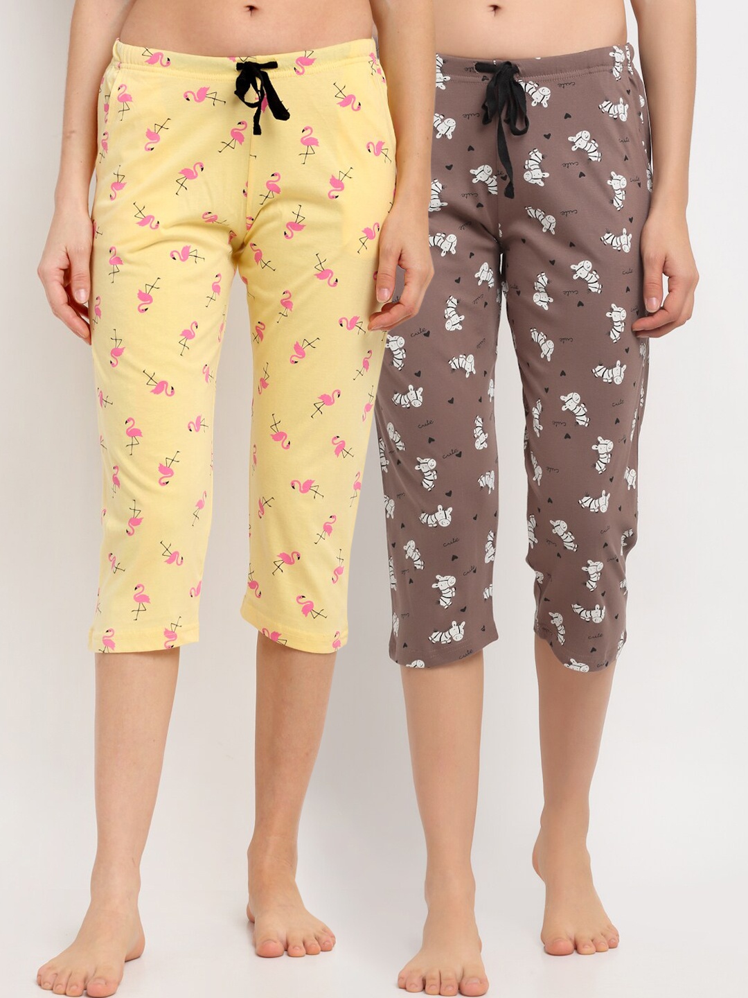 

Kanvin Women Pack Of 2 Printed Pure Cotton Lounge Capri, Yellow