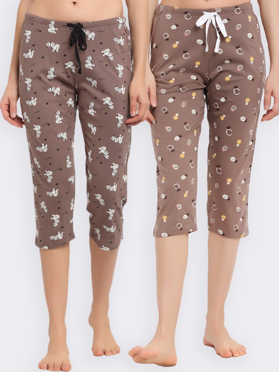

Kanvin Women Brown & White Pack Of 2 Printed Pure Cotton Lounge Capris