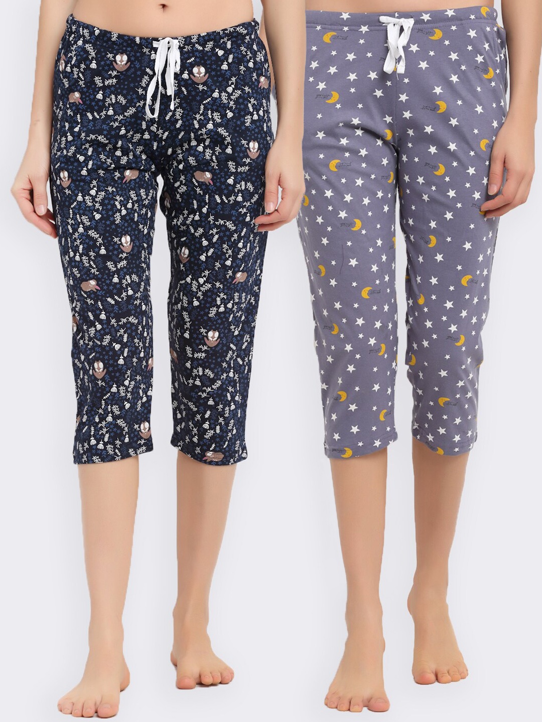 

Kanvin Women Pack Of 2 Printed Pure Cotton Lounge Capris, Purple