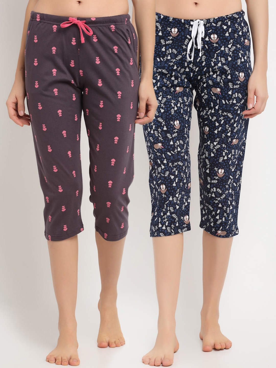 

Kanvin Women Pack Of 2 Printed Pure Cotton Three-Fourth Lounge Pants, Purple