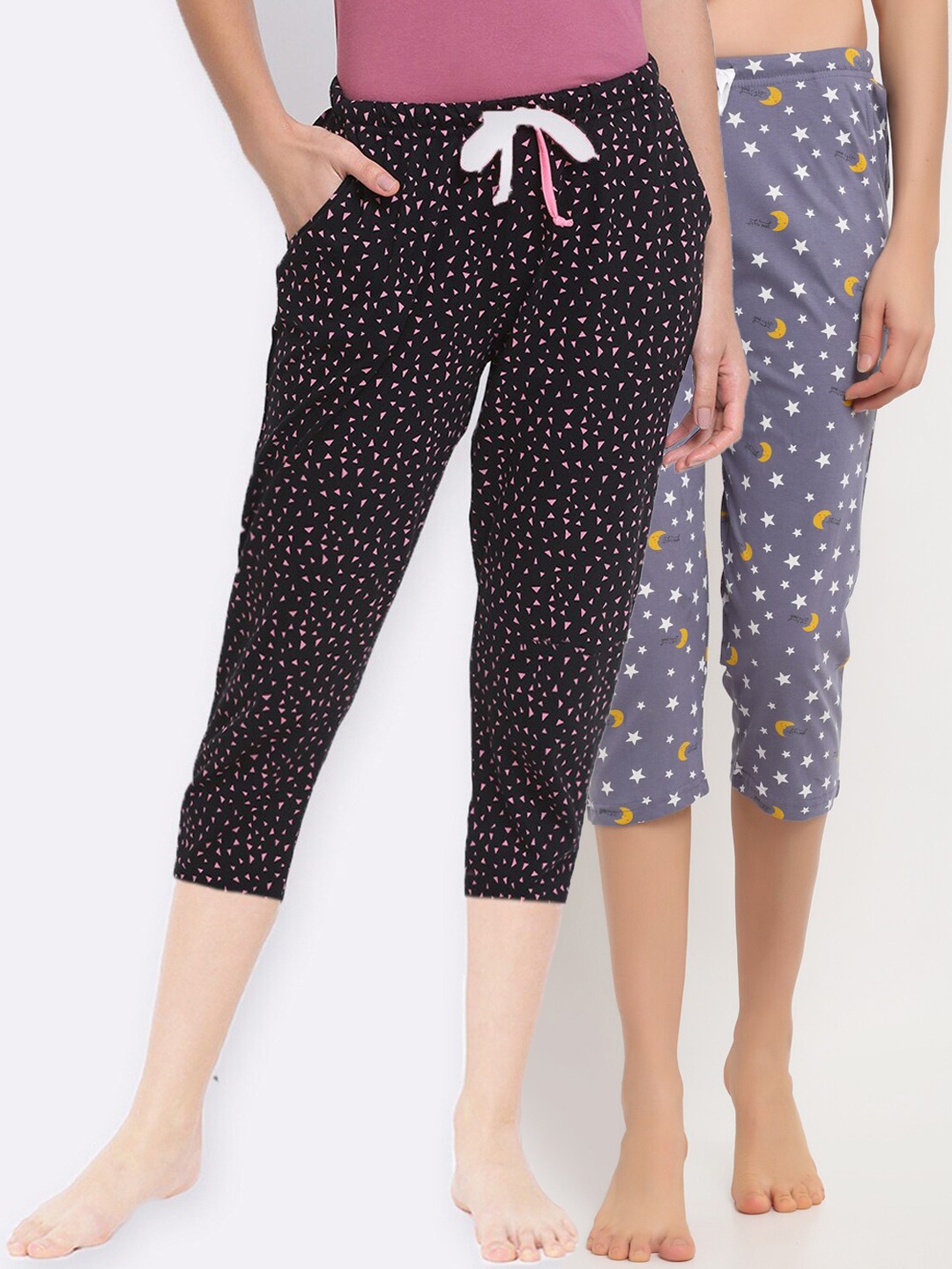 

Kanvin Women Purple & Black Pack Of 2 Printed Pure Cotton Lounge Capri