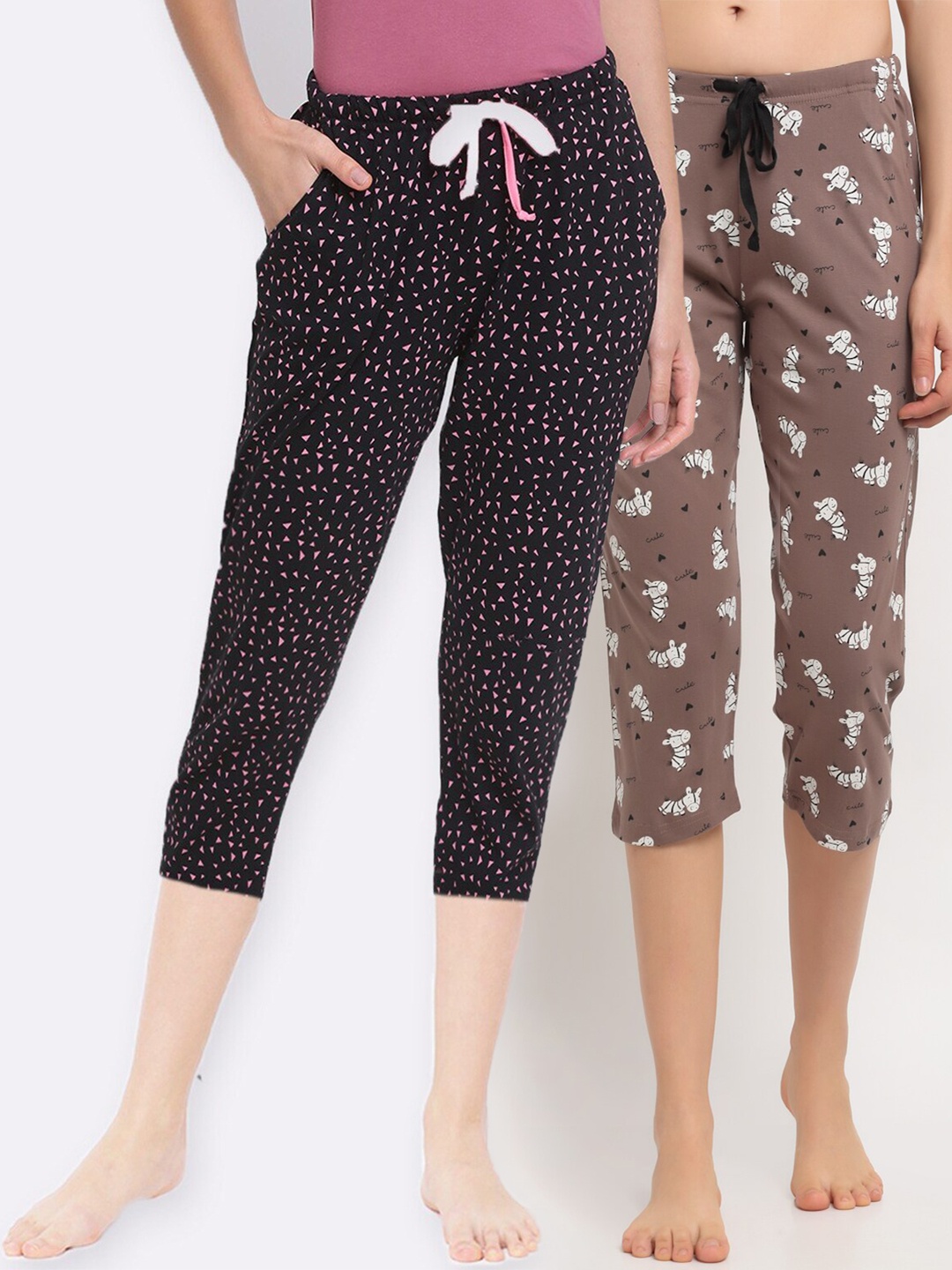 

Kanvin Women Brown & Black Pack Of 2 Printed Pure Cotton Lounge Capris