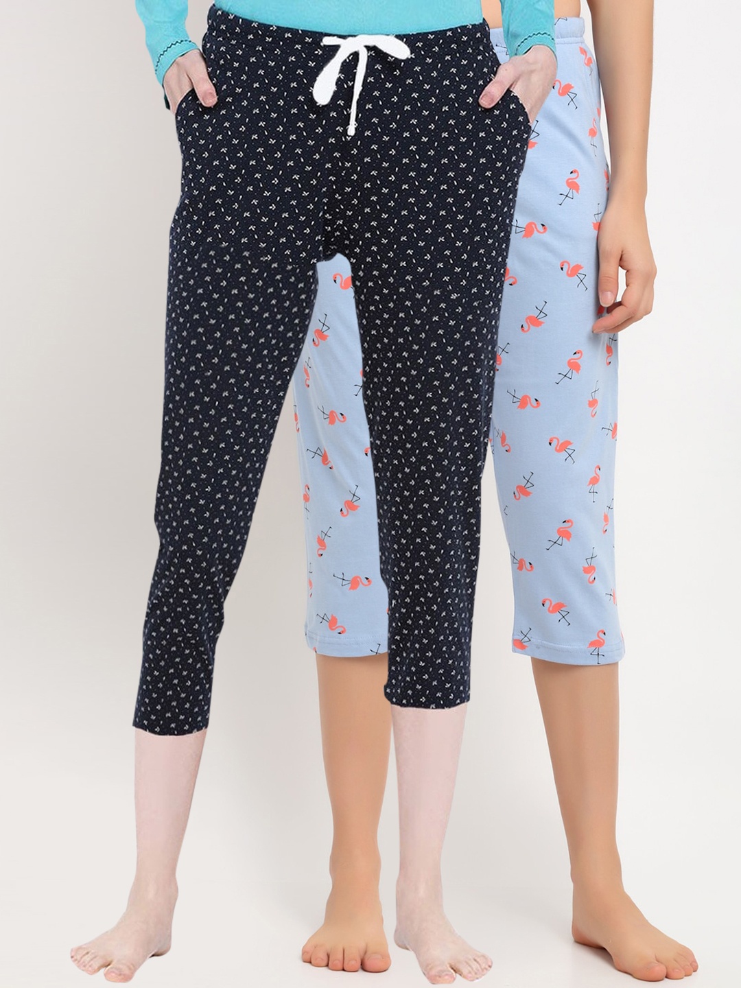 

Kanvin Women Pack Of 2 Pure Cotton Lounge Capris, Blue