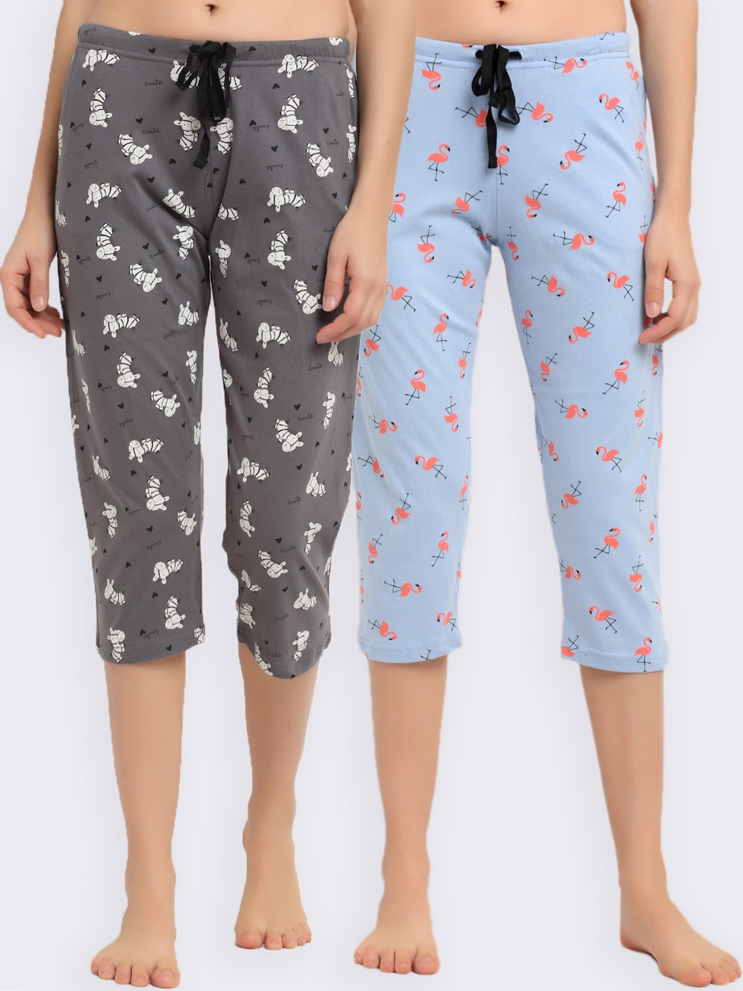 

Kanvin Women Blue & Grey Pack Of 2 Printed Pure Cotton Lounge Capris
