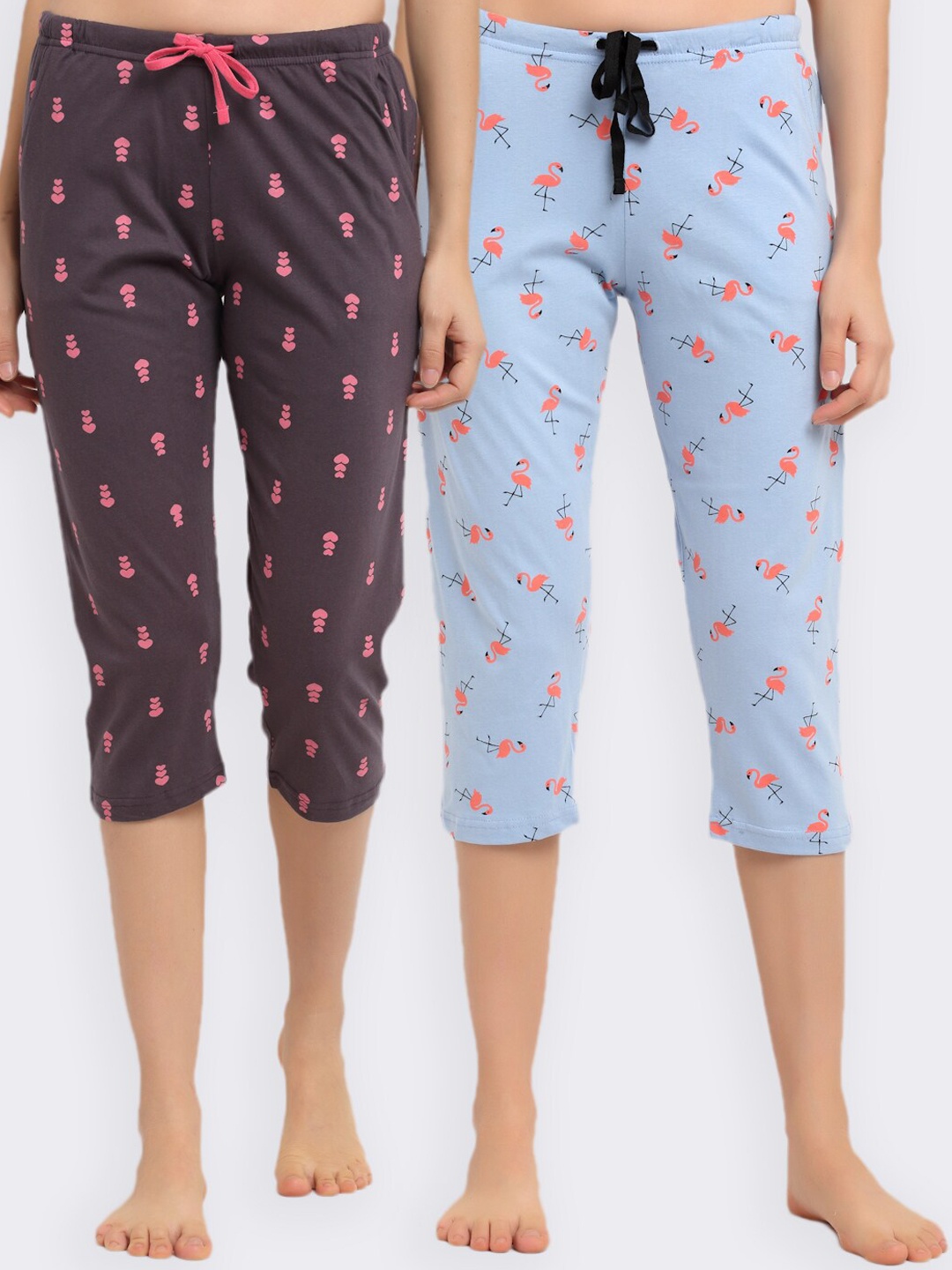 

Kanvin Women Pack Of 2 Blue & Purple Printed Pure Cotton Three-Fourth Lounge Pants