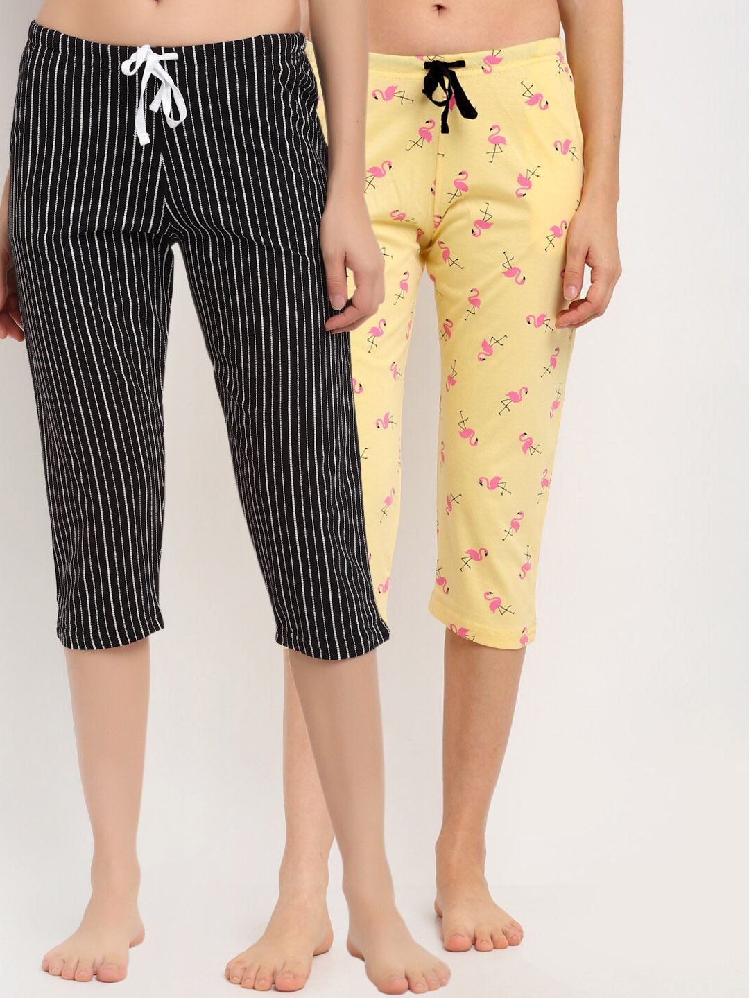 

Kanvin Women Yellow & Black Pack Of 2 Printed Pure Cotton Lounge Capris