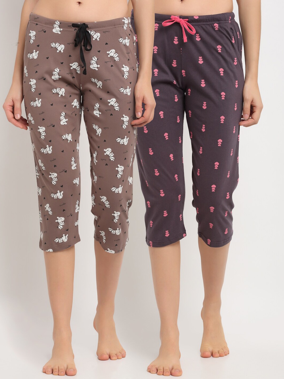 

Kanvin Women Purple & Brown Pack Of 2 Printed Pure Cotton Lounge Capri