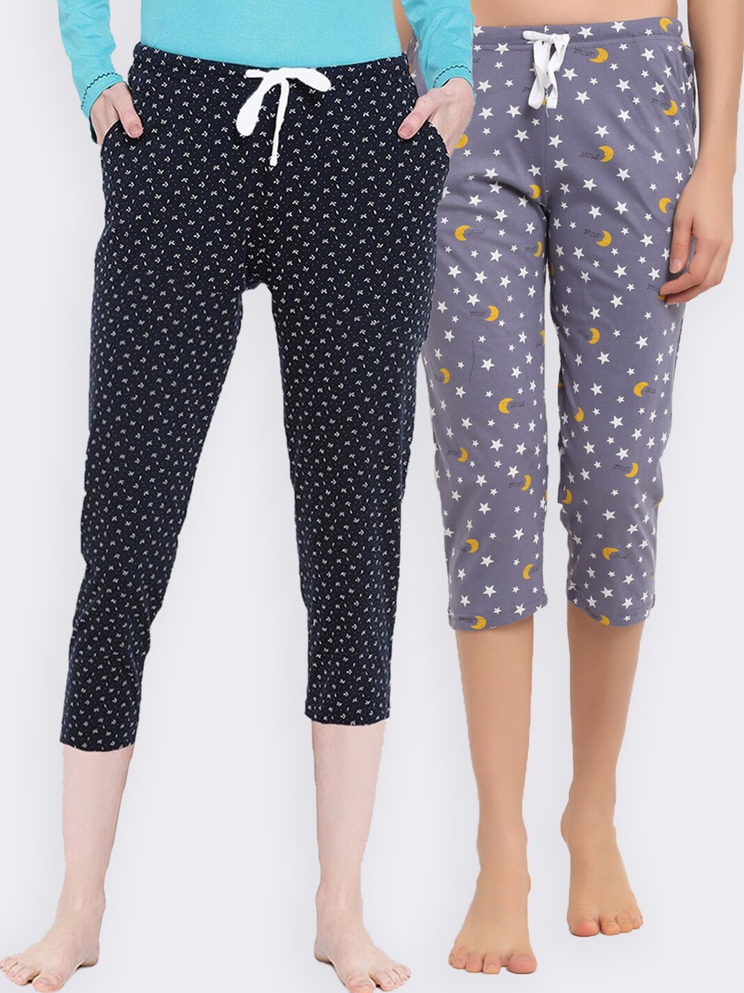 

Kanvin Women Pack Of 2 Purple & Navy Blue Printed Pure Cotton Three-Fourth Lounge Pants