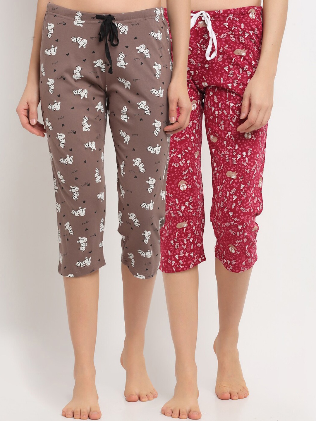 

Kanvin Women Pack Of 2 Printed Pure Cotton Lounge Capris, Red