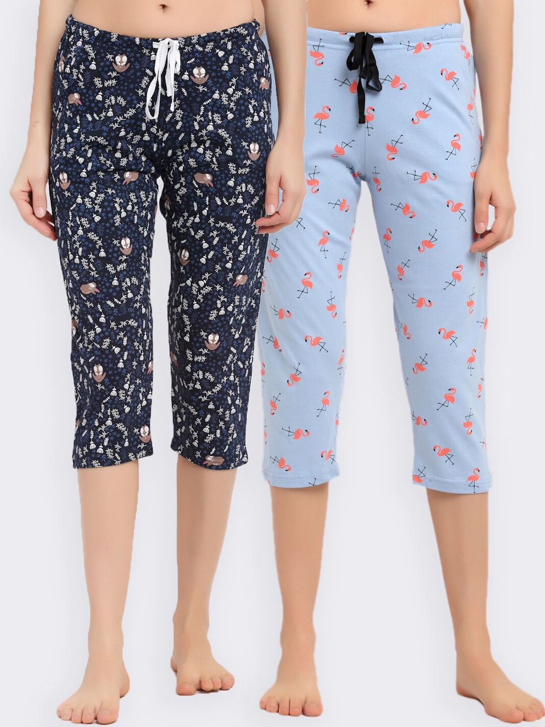 

Kanvin Women Pack Of 2 Printed Pure Cotton Capri Lounge Pants, Blue