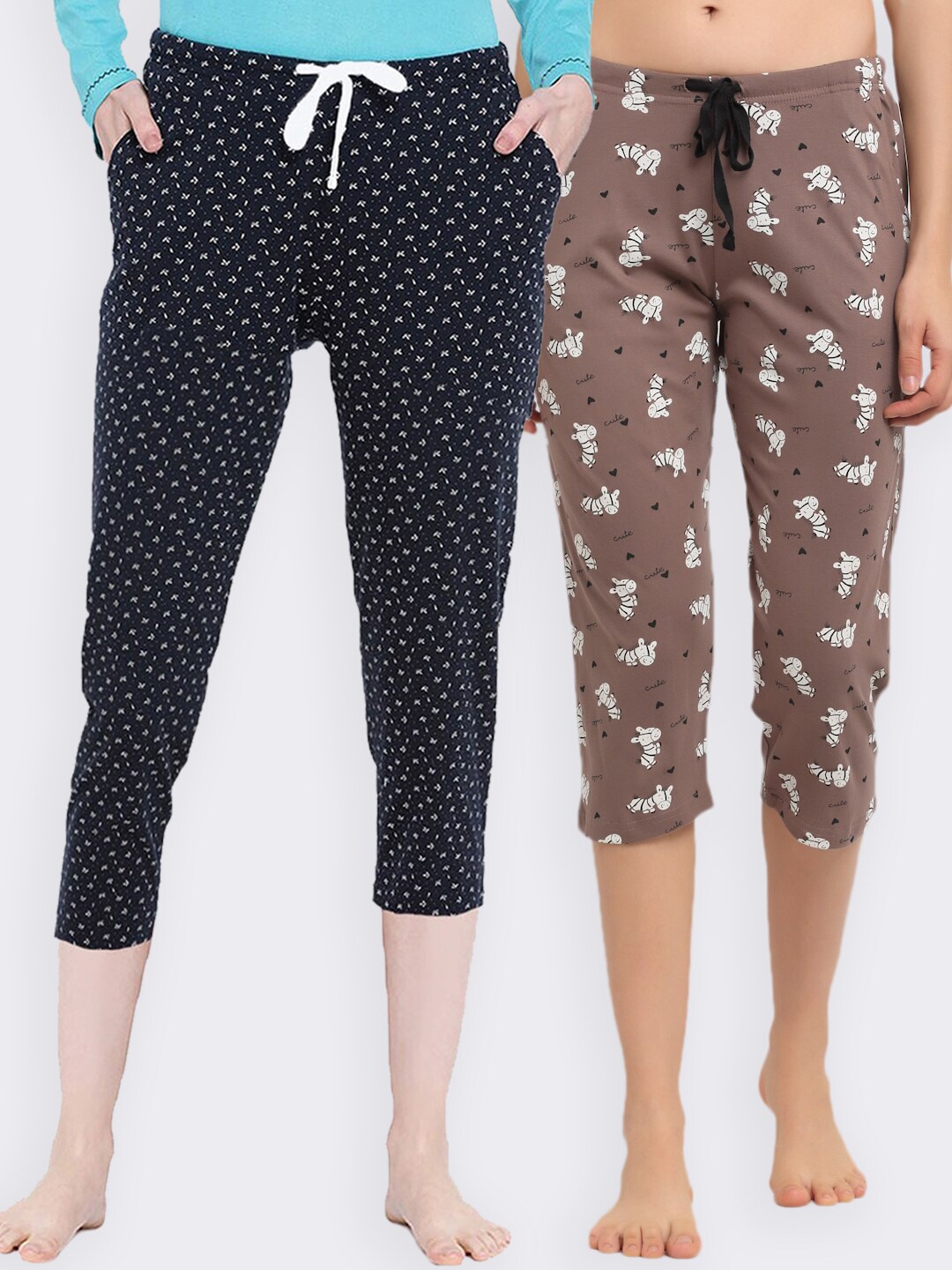 

Kanvin Women Brown & Navy Blue Pack Of 2 Printed Pure Cotton Lounge Capris