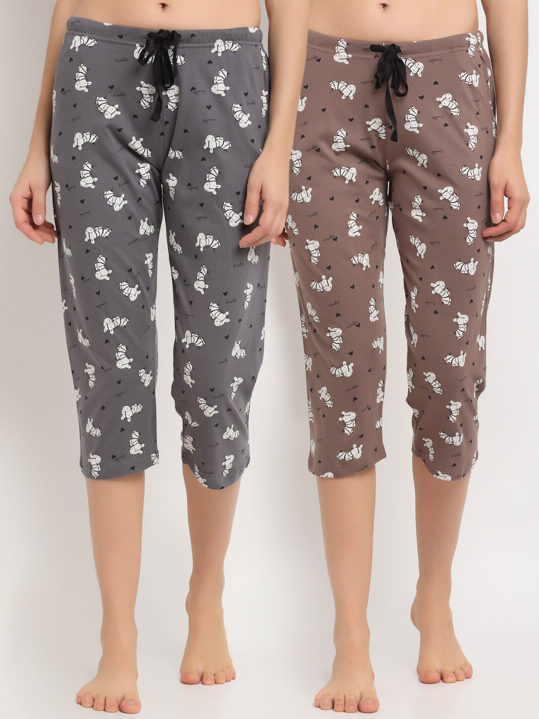 

Kanvin Women Pack Of 2 Printed Pure Cotton Lounge Capri, Brown