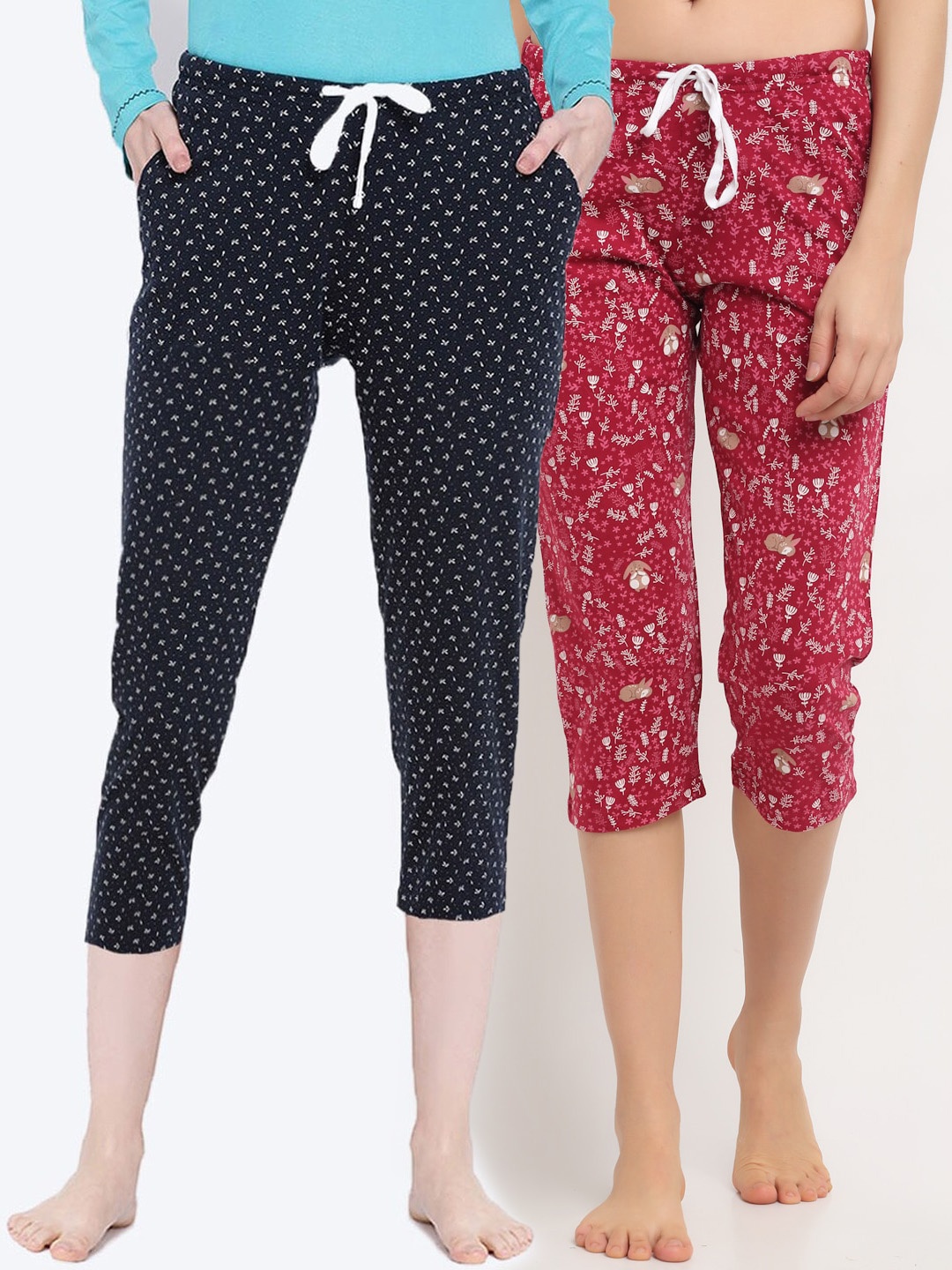 

Kanvin Women Red & Navy Blue Pack Of 2 Printed Pure Cotton Lounge Capri
