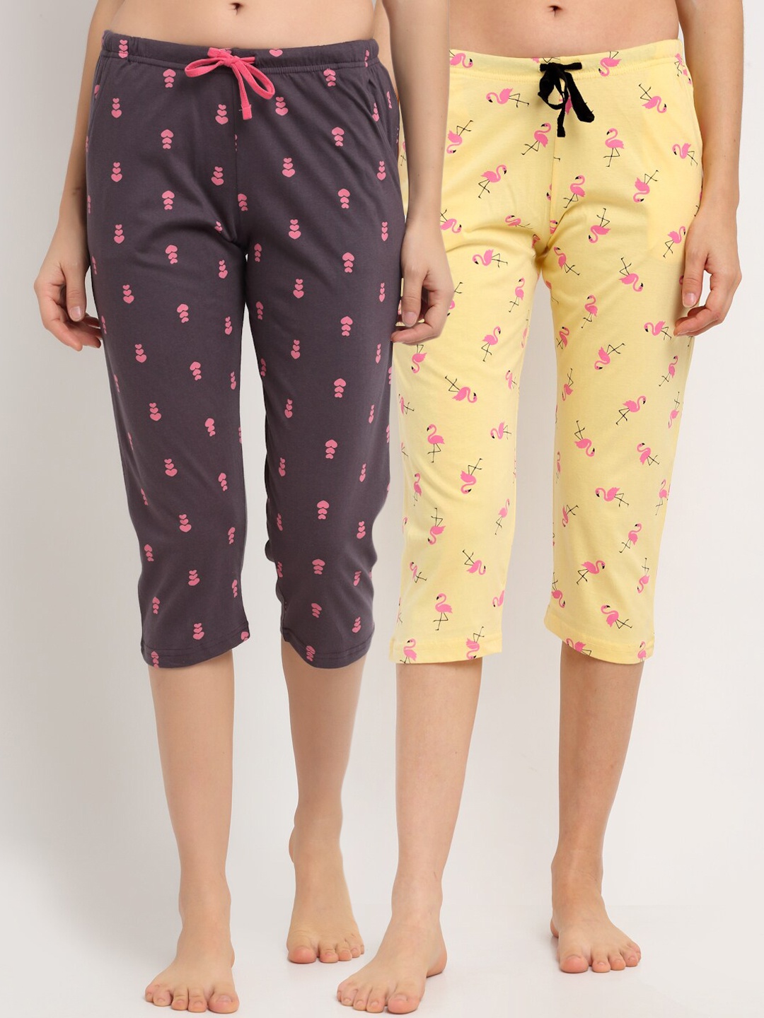 

Kanvin Women Pack Of 2 Printed Pure Cotton Lounge Capri, Yellow