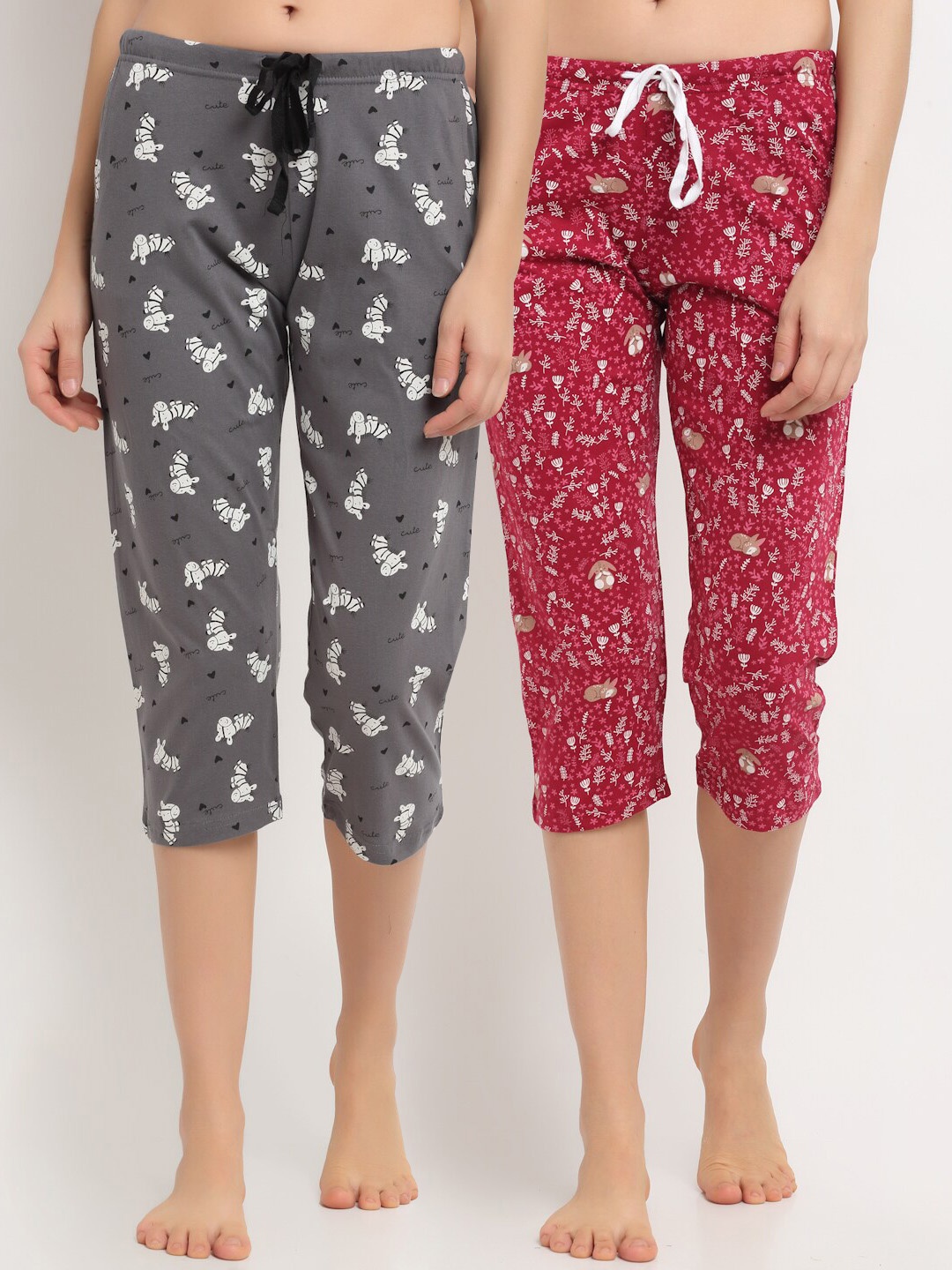

Kanvin Women Red & Grey Pack Of 2 Printed Pure Cotton Lounge Capris