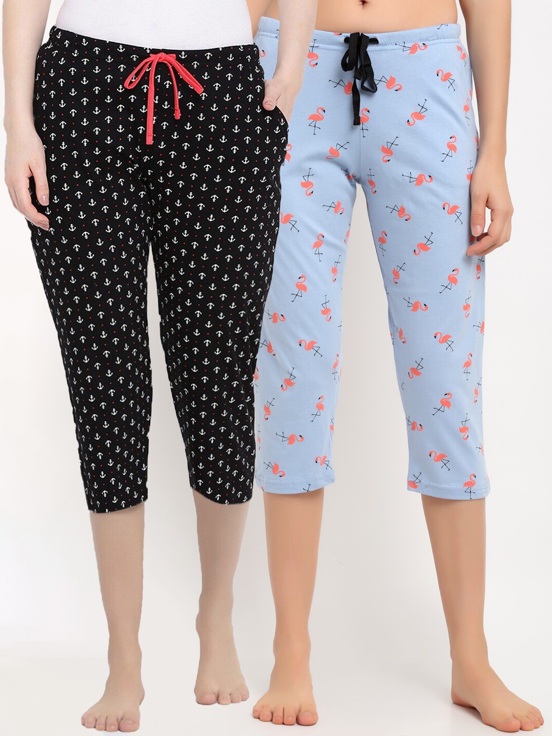 

Kanvin Women Pack Of 2 Printed Pure Cotton Lounge Pants, Blue